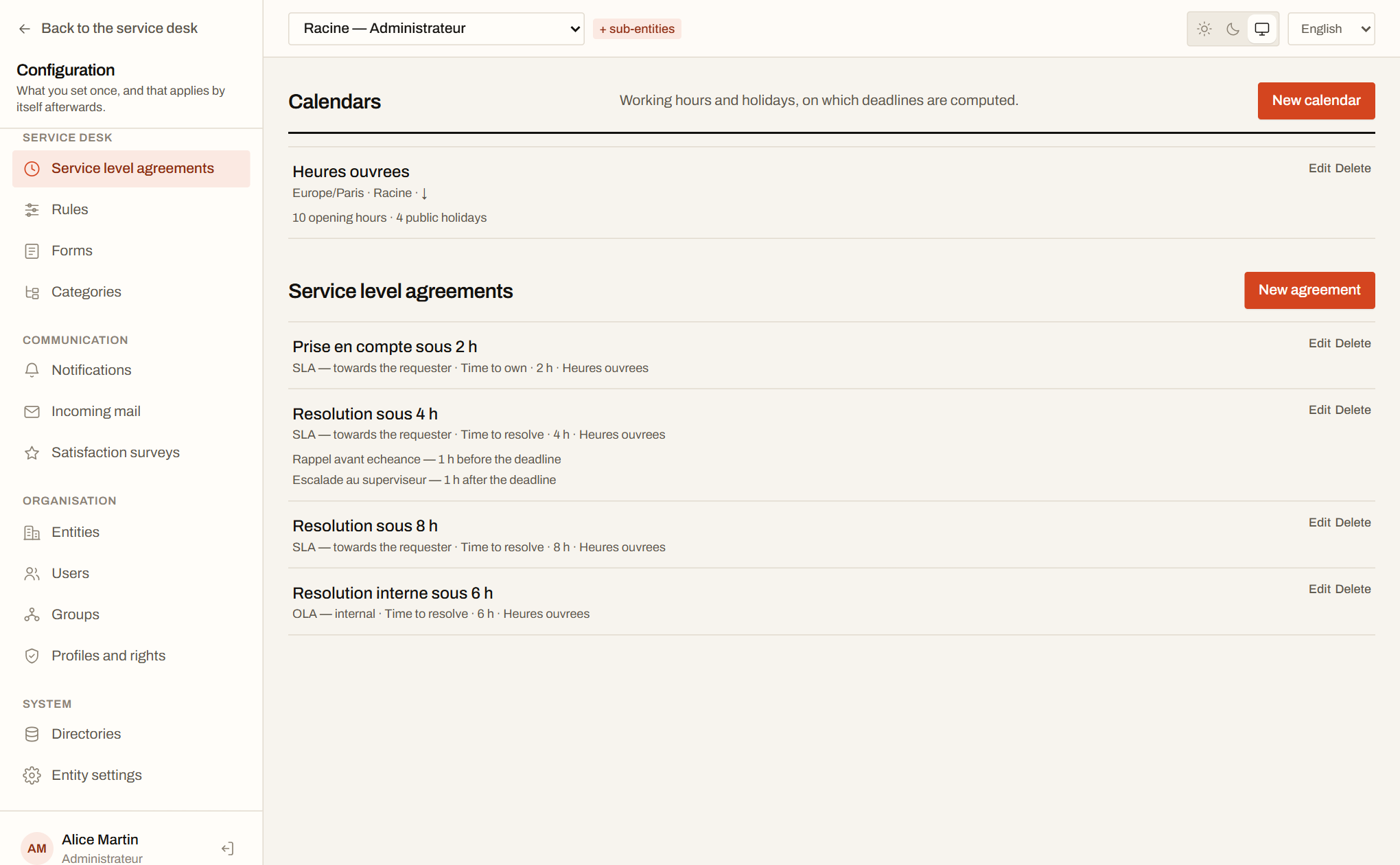 Working-hour calendars and service level agreements in Tick&, with reminders and escalation