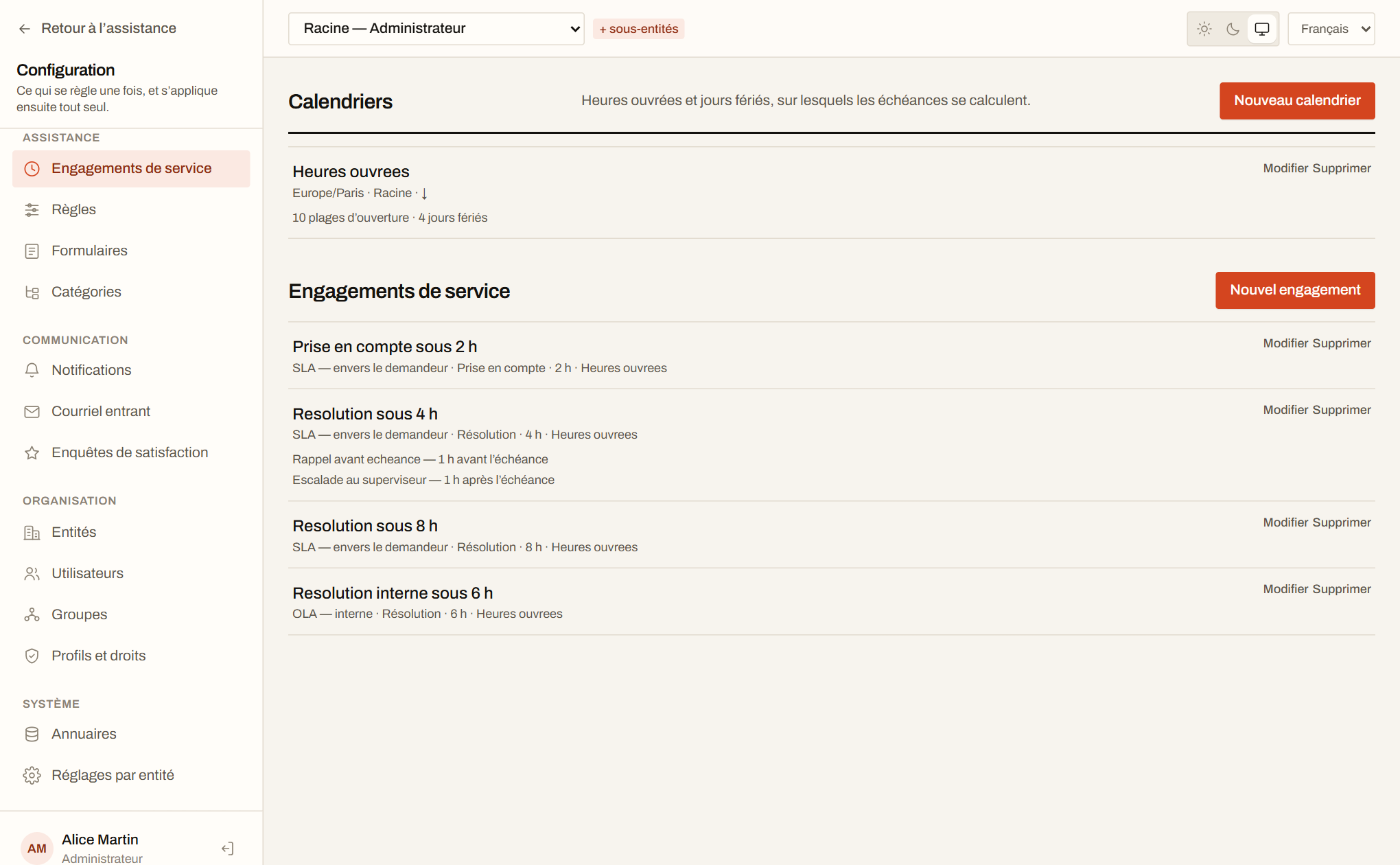 Calendriers ouvrés et engagements de service dans Tick&, avec rappels et escalade