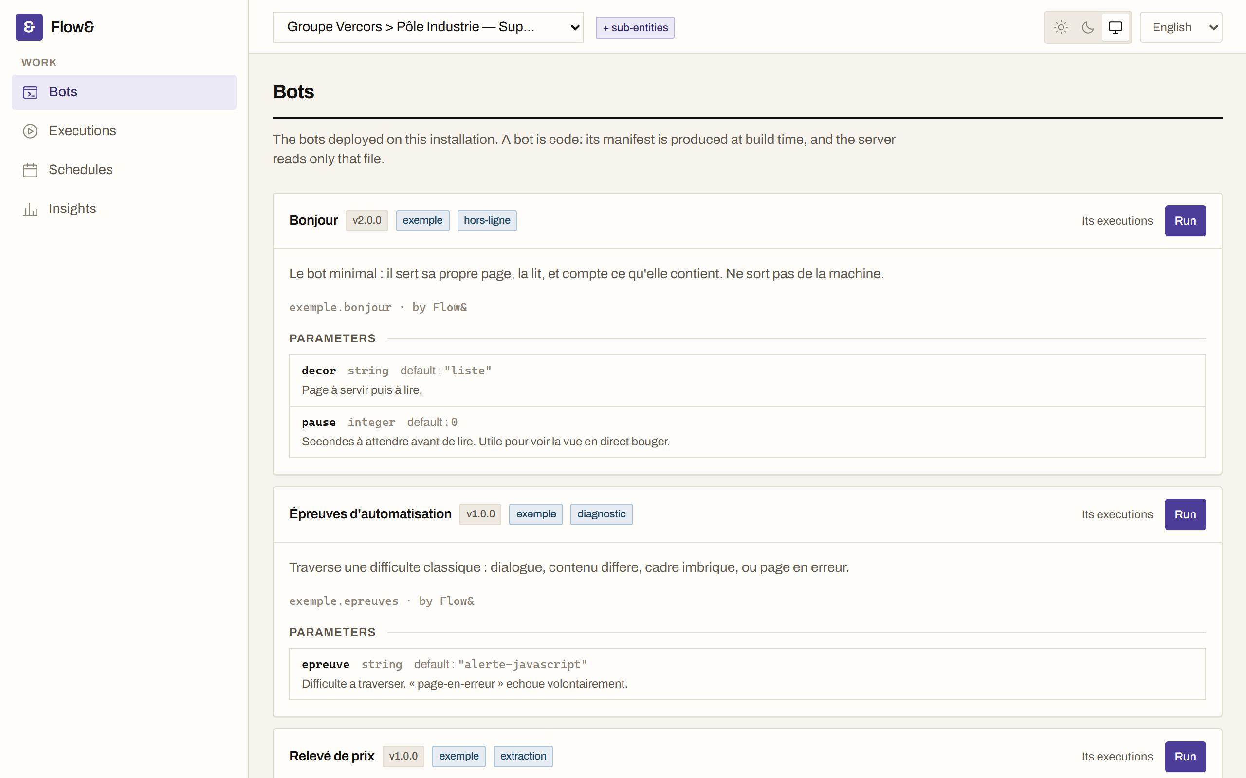Flow&'s bot catalogue, each with its manifest and the launch form derived from its schema