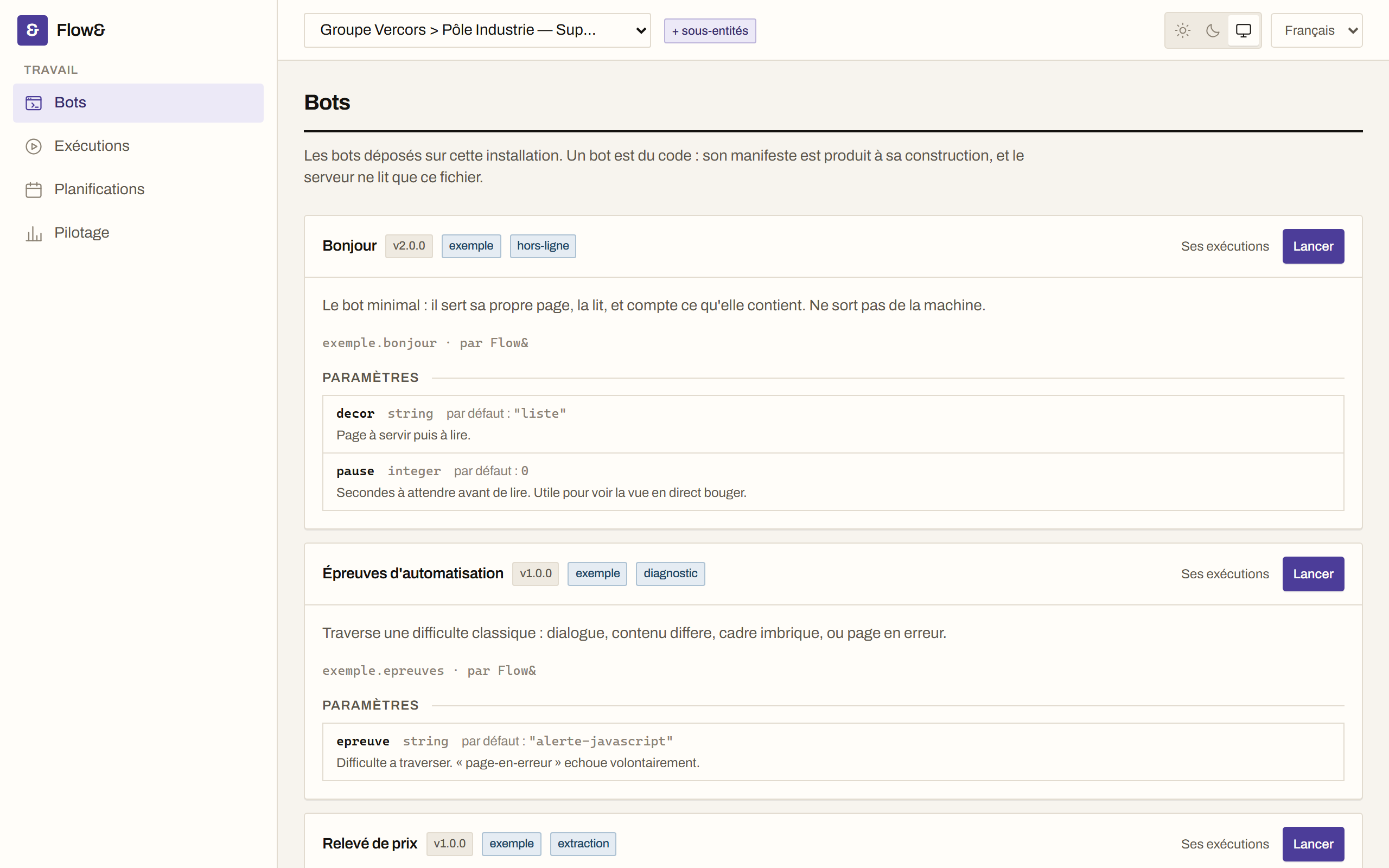 Catalogue des bots de Flow&, chacun avec son manifeste et le formulaire de lancement déduit de son schéma