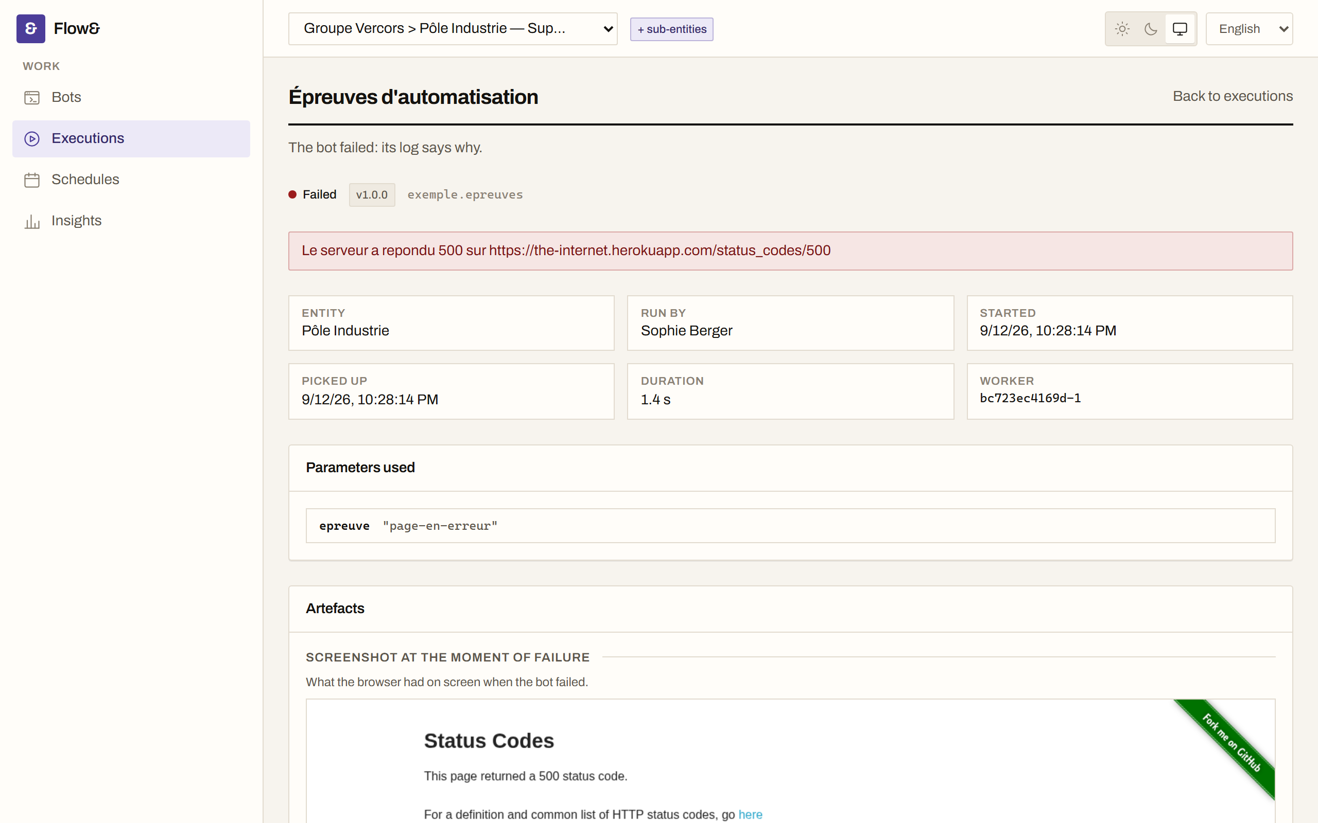 Detail of a failed execution: the message, the parameters it was given, and the screenshot of the page at the moment it broke