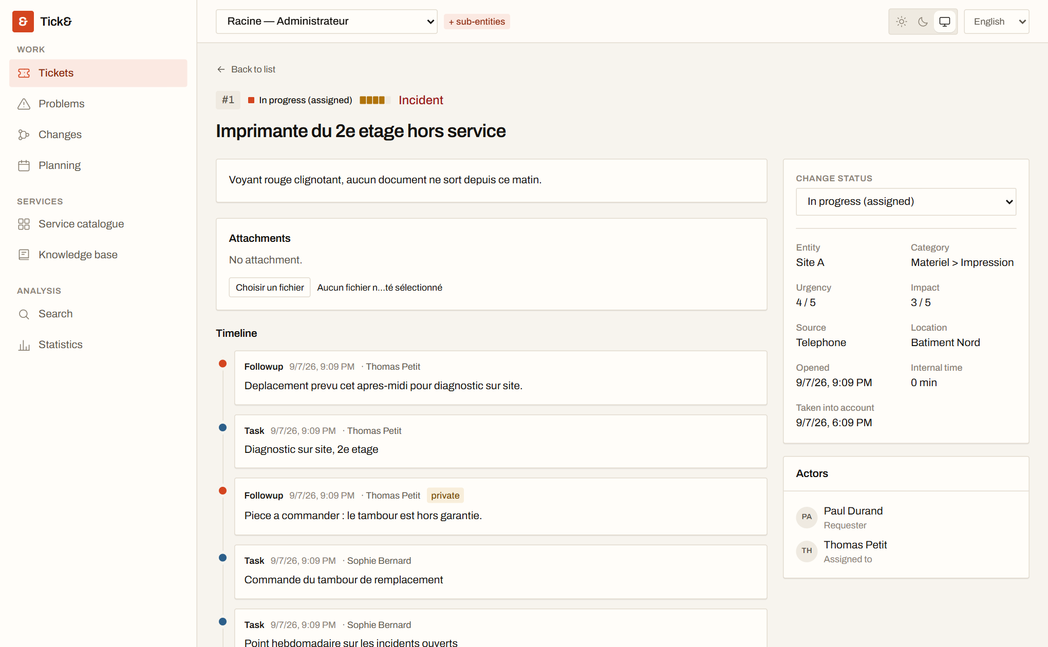 Ticket detail: timeline of followups and tasks, actors, category, urgency and impact