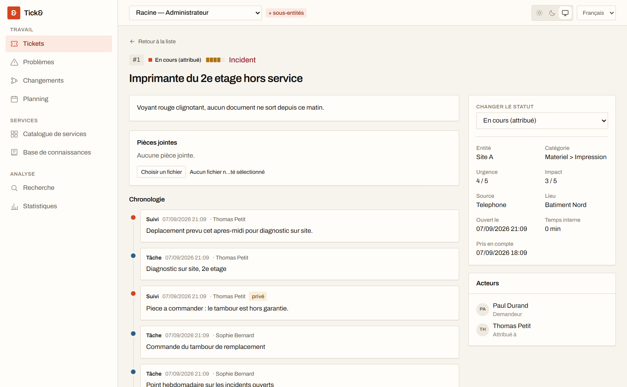Détail d'un ticket : chronologie des suivis et des tâches, acteurs, catégorie, urgence et impact