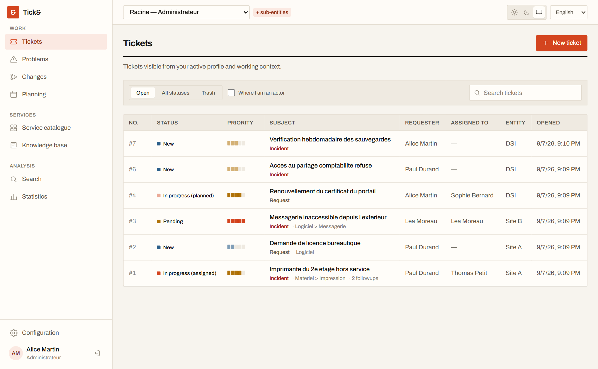 The Tick& ticket list, showing status, priority, requester, assignee and entity